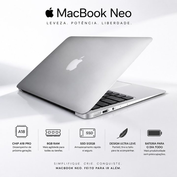 MacBook Neo 2026 – A18 Pro | 8GB RAM | SSD 512GB | Tela 13,6"